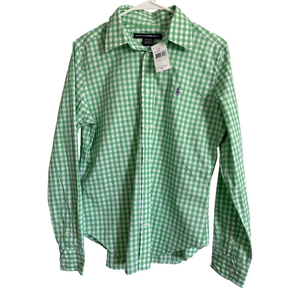 Ralph Lauren Sport Boys Shirt Size 14 Button Up Green NWT Gingham Pony